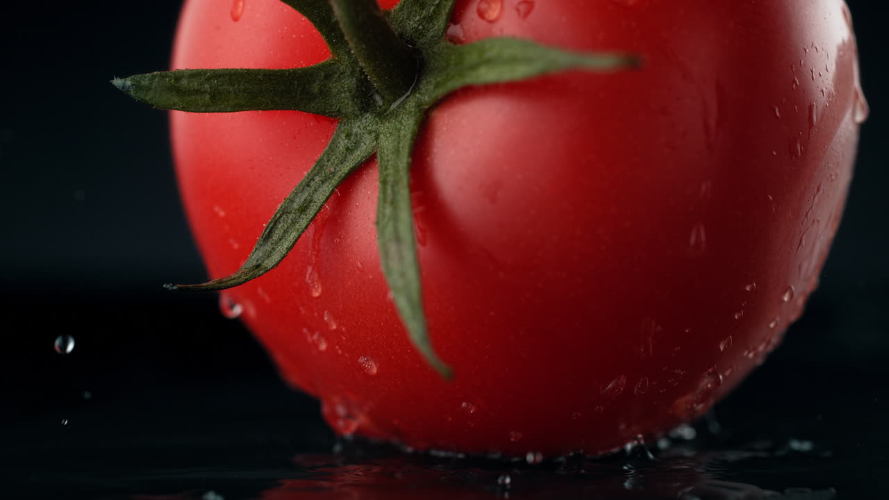 물 표면에 떨어지는 줄기와 함께 익은 토마토, 거시 및 느린 동작으로 스플래시를 만니다.