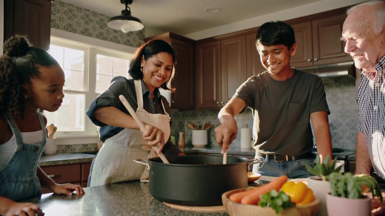 Stirring mother in apron and teen syncing scoops at home kitchen island after pot, wooden spoons