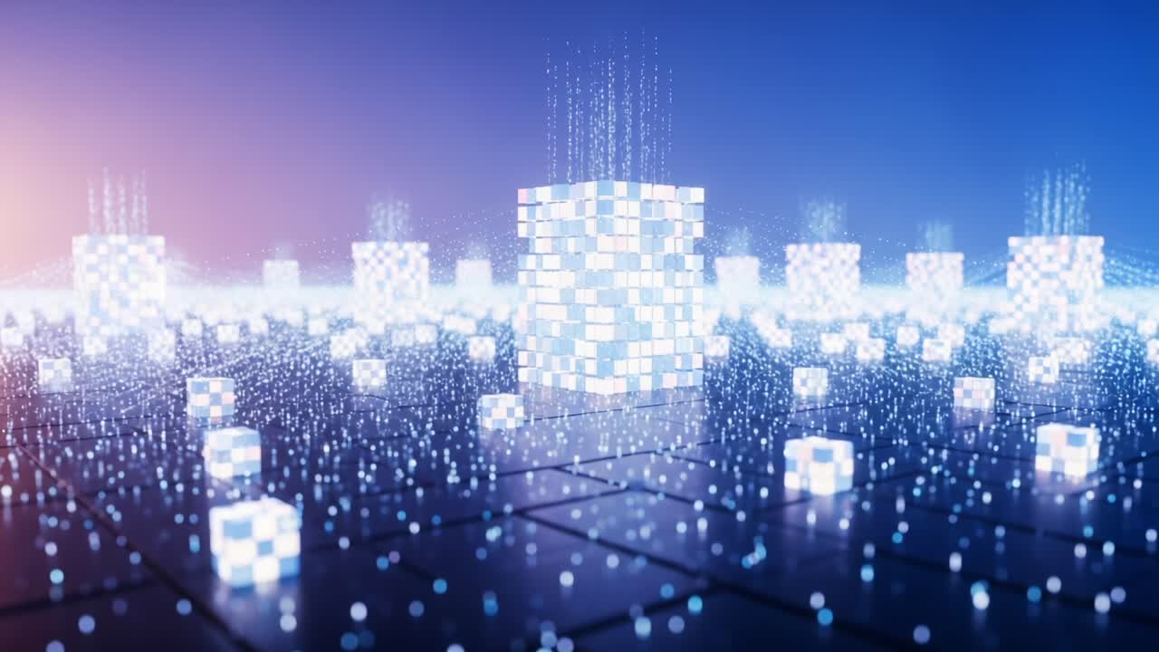 Digital Realm of Glowing Cubes: An Abstraction of Light and Data in a Futuristic Landscape Filled with Matrix-Style Patterns and Vibrant Luminescence