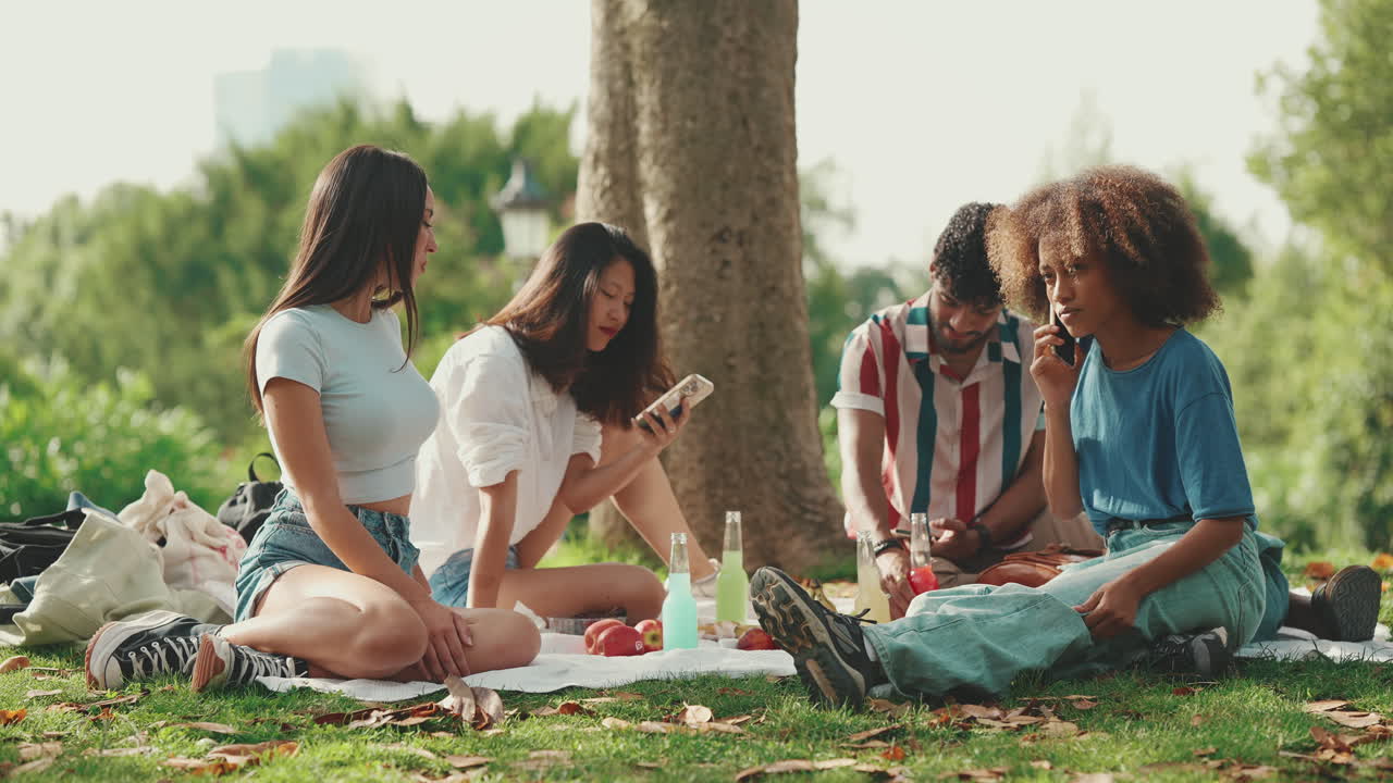 친구 들 이 공원 에서 피크닉 을 즐기고 있다