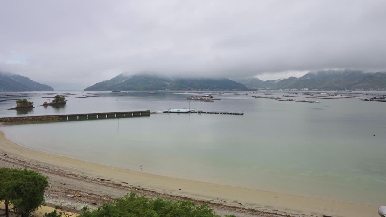 Etajima Beach and Oyster Farms in Hiroshima Bay, Misty Day on Ocean