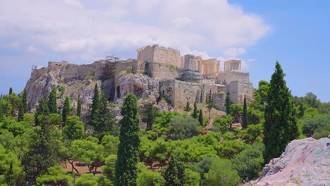 pedestal camera shot of the acropolis in athens, greece on a sunny summer day from areopagus hill