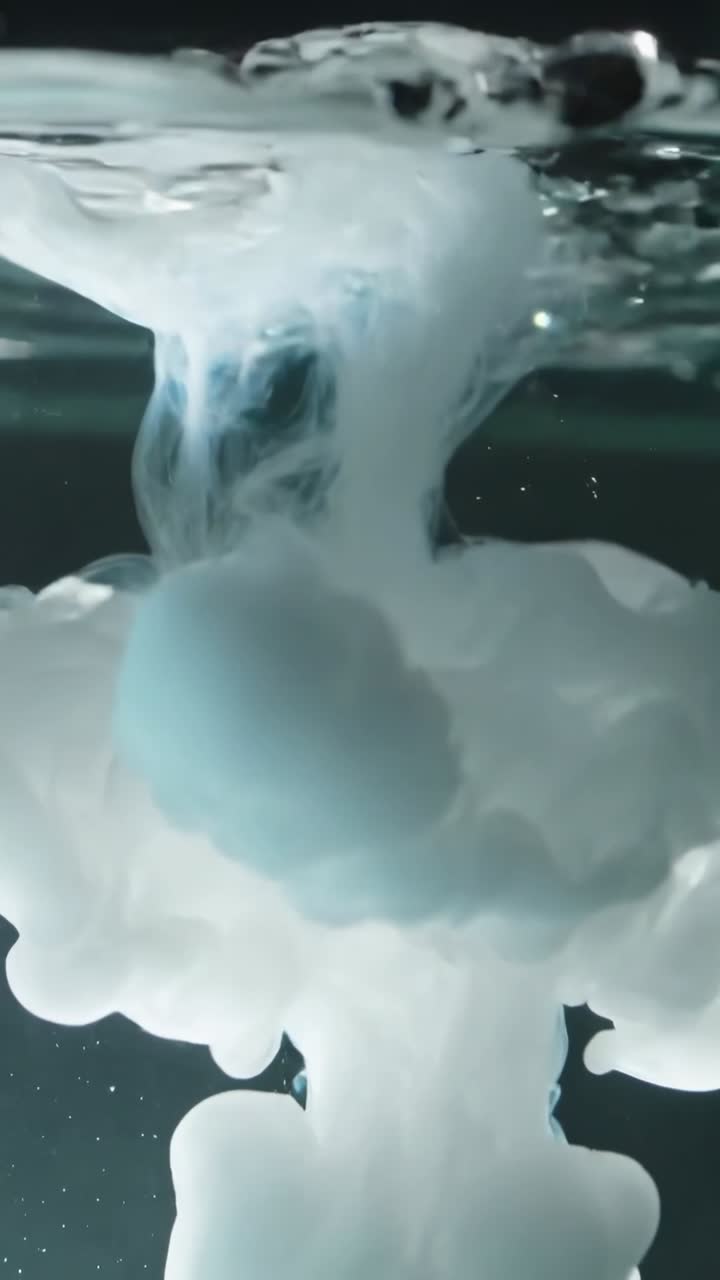 Vertical video: Breaking opaque pigment droplet sinking into clear water tank, forming plume mixing