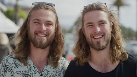 ritratto di affascinanti fratelli gemelli che sorridono felici in vacanza godendo del viaggio estivo sullo sfondo della spiaggia urbana