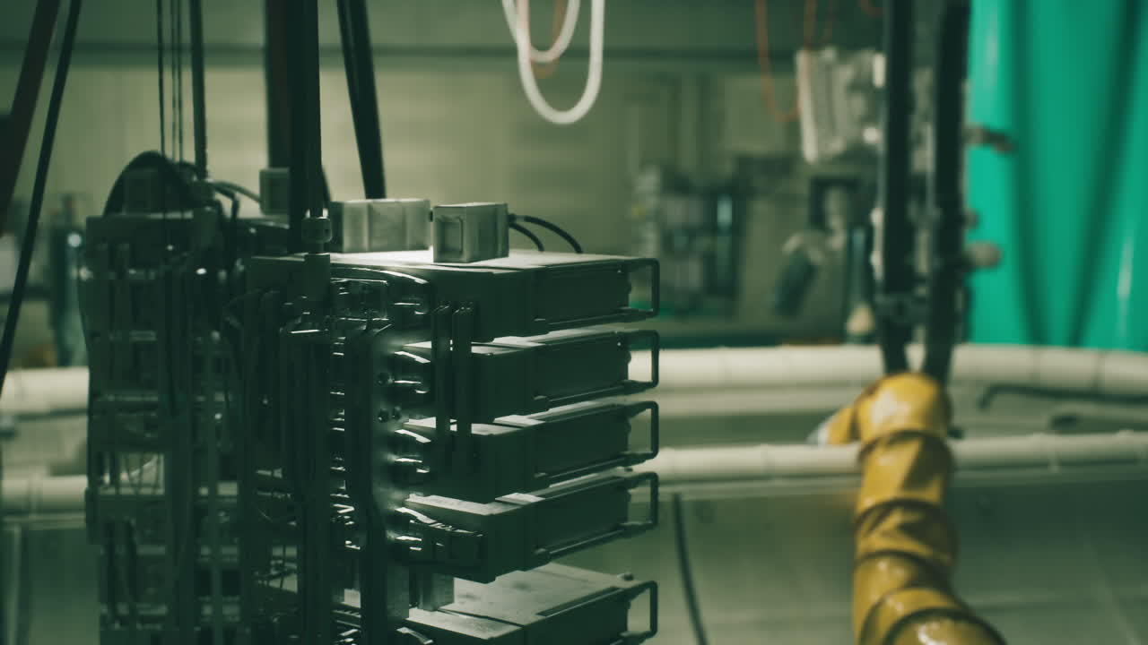 Industrial equipment setup in a dimly lit space with pipes and cables