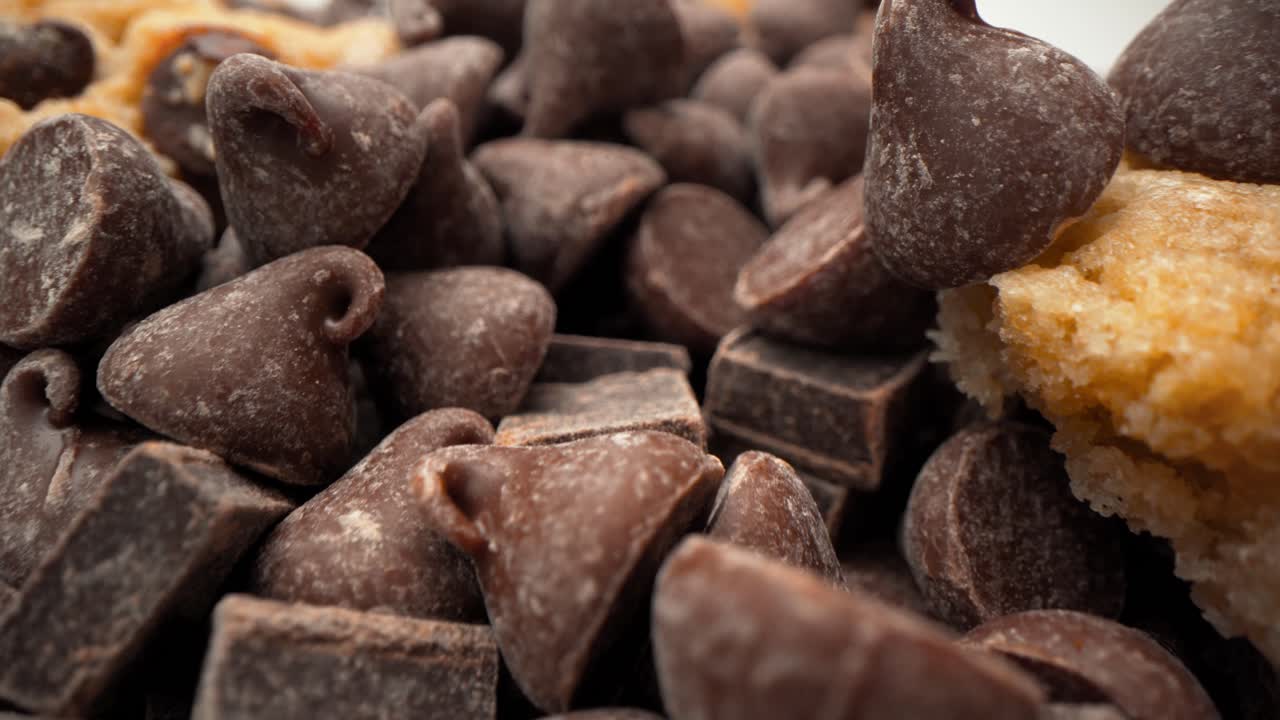 torre de chispas de chocolate con trozos de galleta y chispas de chocolate que caen macro cerrar empujar zoom en video de productos alimenticios de 4k en estudio