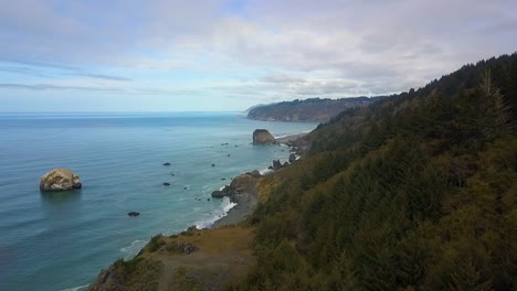 Birdseye-drone-view-of-Pacific-Northwest-forest-and-coastline,-dramatic-reveal-shot