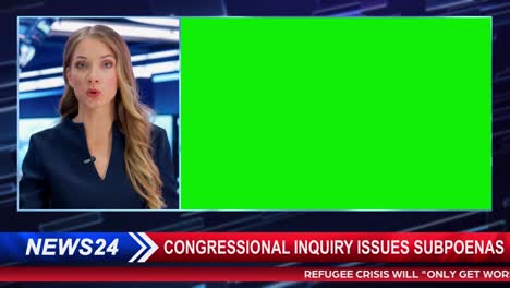 split screen tv news live report: anchor talks, reporting. reportage montage with picture in picture green screen. side by side chroma key display. television program channel playback. luma matte