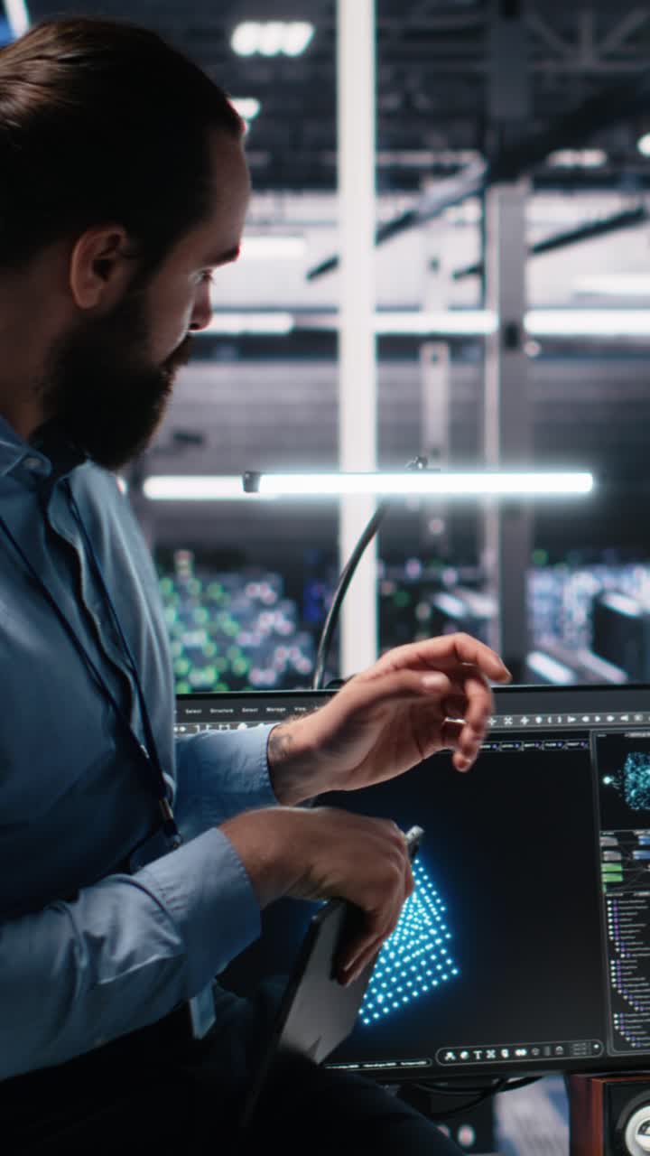 Vertical video Data center engineering team collaborating on neural network development