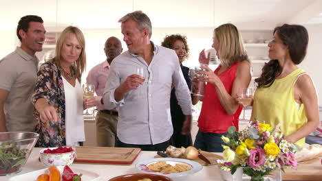 group of mature friends enjoying dinner party shot on r3d