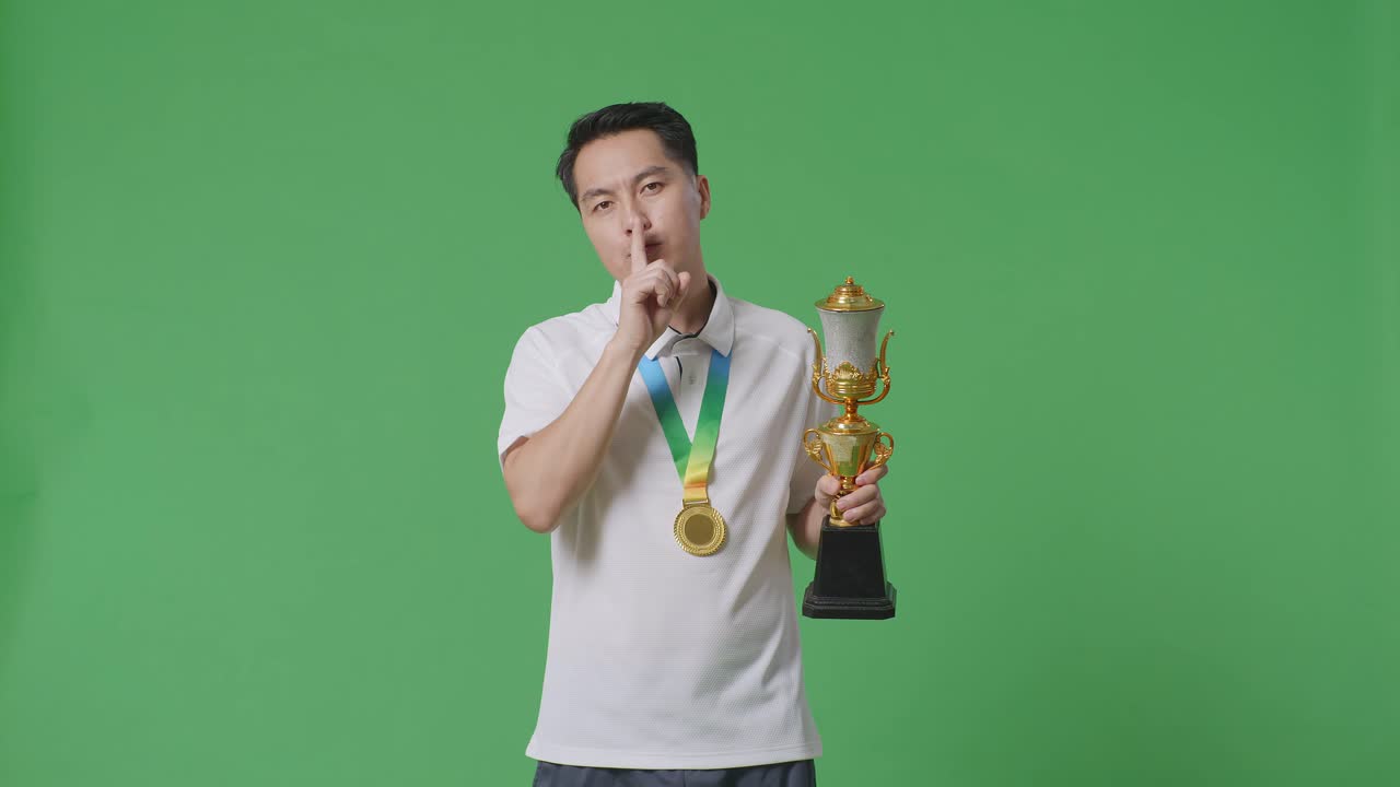 메달과 트로피를 가진 남자