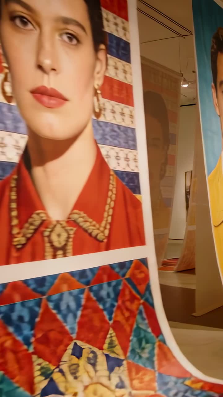 Panorering gjennom galleristoffbannere med kvinne i rød bluse og mann i gul jakke