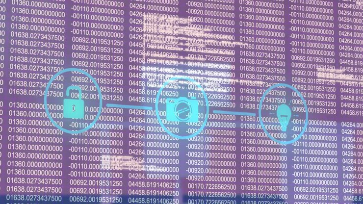 Animation of connected icons over changing numbers, programming language against abstract background