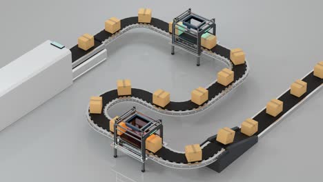 loop transmitting of packaging box on the conveyor belt, 3d rendering.