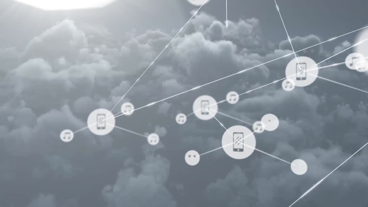 Animation of network of digital icons against dark clouds