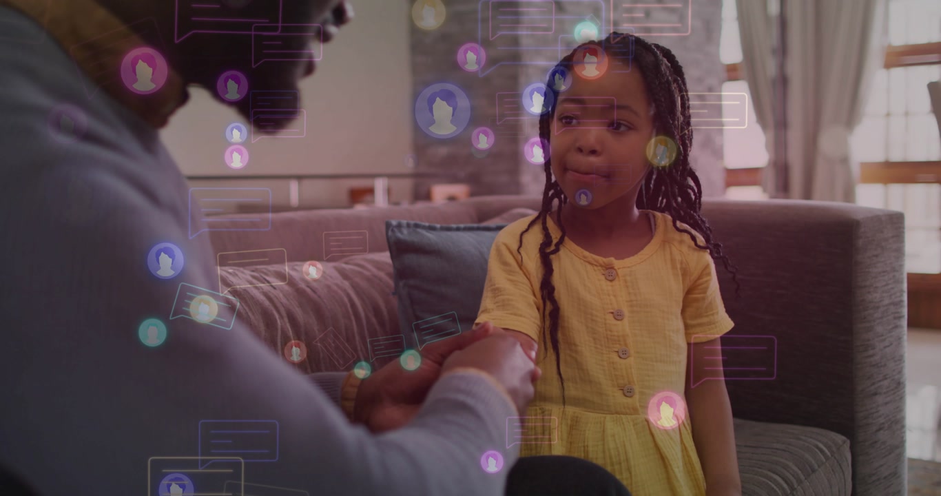 Father reaching girl's arm noticing band, checking health data with chat bubbles overlaying scene