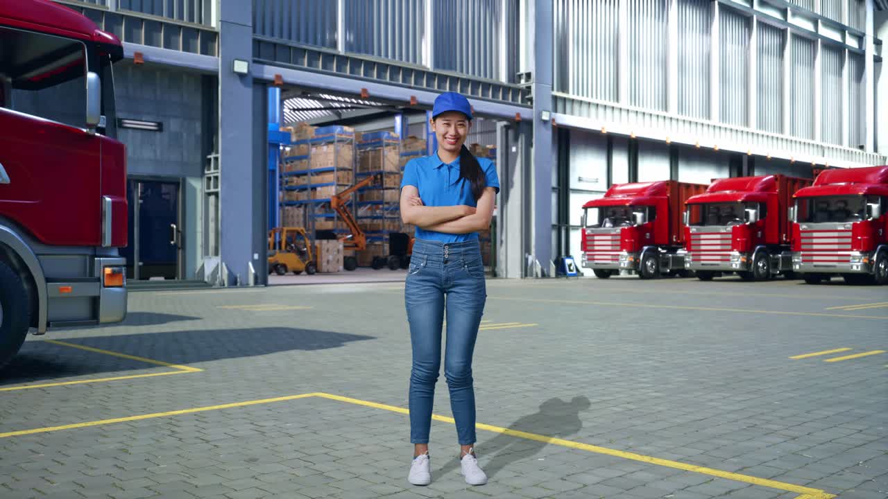 Corriere asiatica in uniforme blu a figura intera sorridente, che incrocia le braccia, fuori dal magazzino