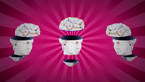 Animation-of-head-sculptures-over-stripes-on-pink-background