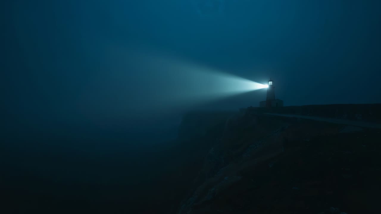 Lighthouse lighting up beacon scanning ocean in fog rocky cliff for guiding ships, copy space