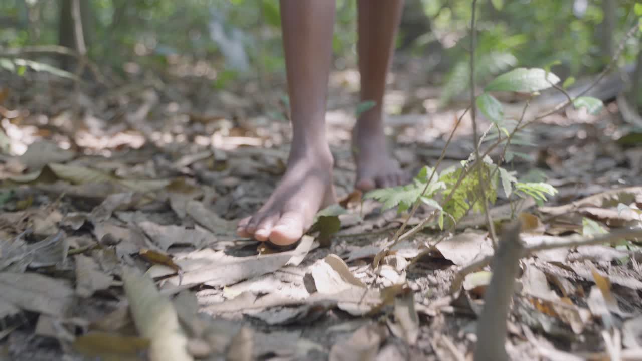 A boy Foot steps in forest