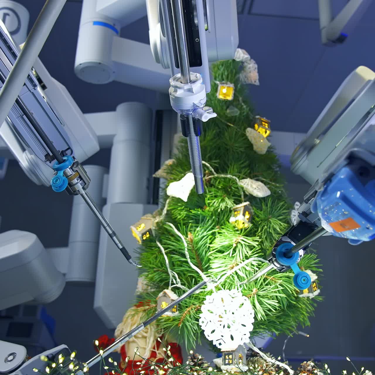 Robotic arms surround Christmas tree to decorate it. Modern medical equipment ornate fir-tree in the operation room. Precise manipulators put a paper snowflake on the fir-tree