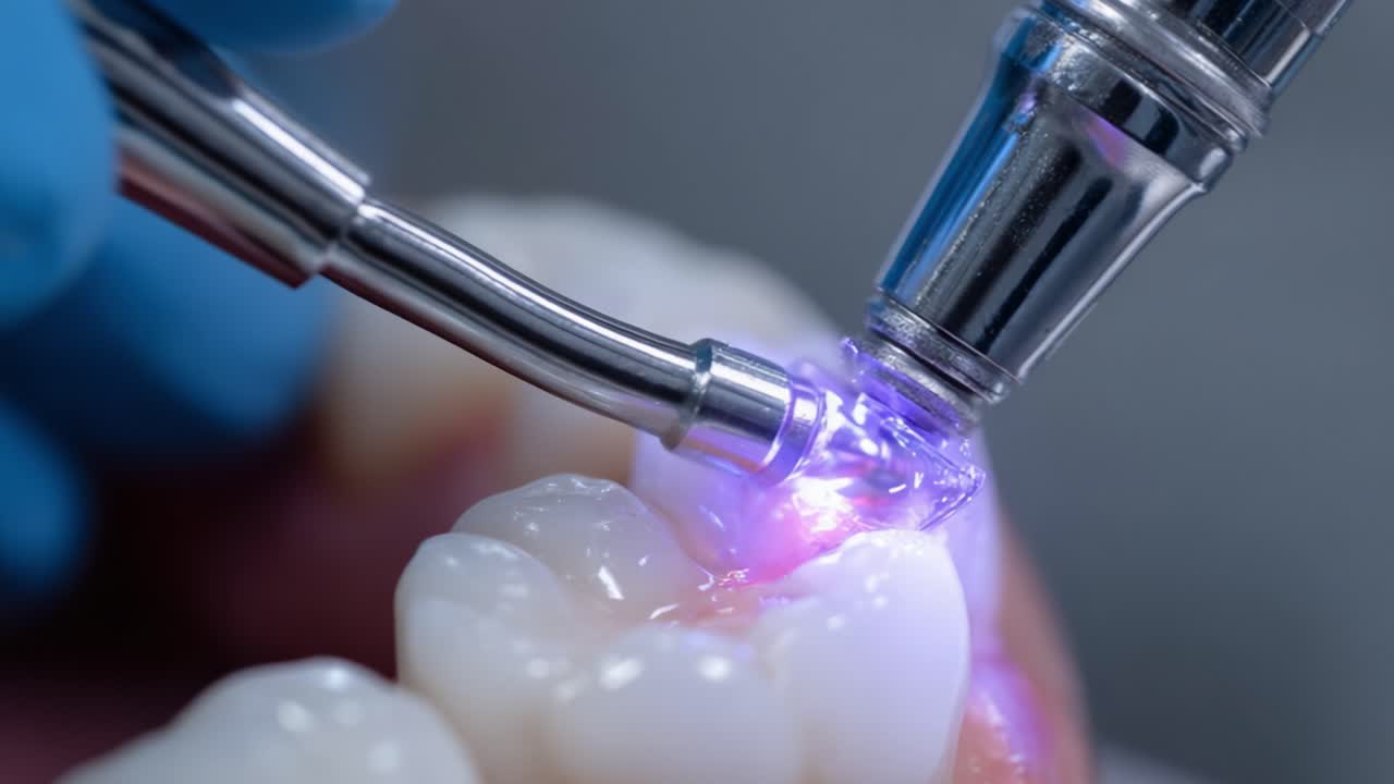 Tannprosedyre med laserteknologi for tannrestaurering: Nærbilde av et avansert tannlegeverktøy i aksjon, som demonstrerer presisjon og omhu i behandlinger for munnhelse.