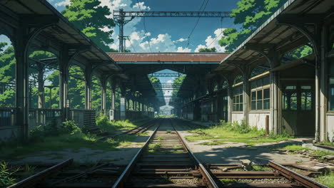 abandoned train station with overgrown tracks in anime style