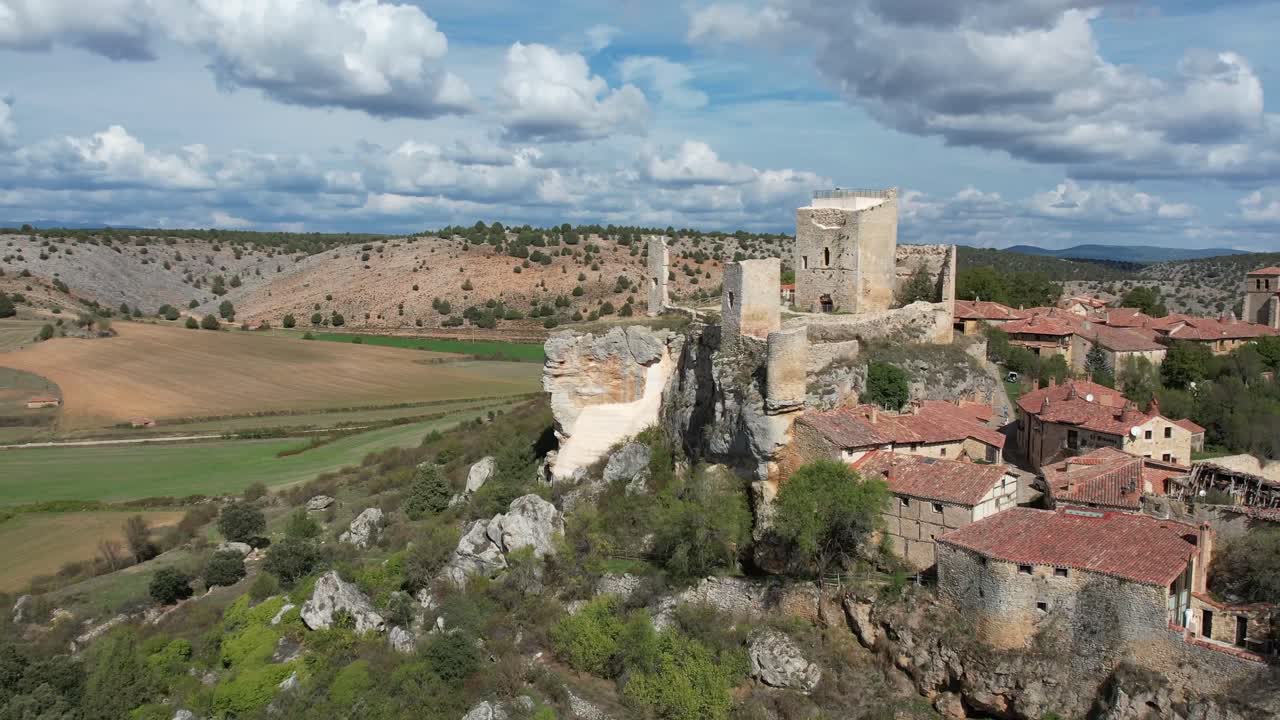 Aerial drone view of the Spanish Medieval Village of Calata&ntilde;azor, in Soria, Spain