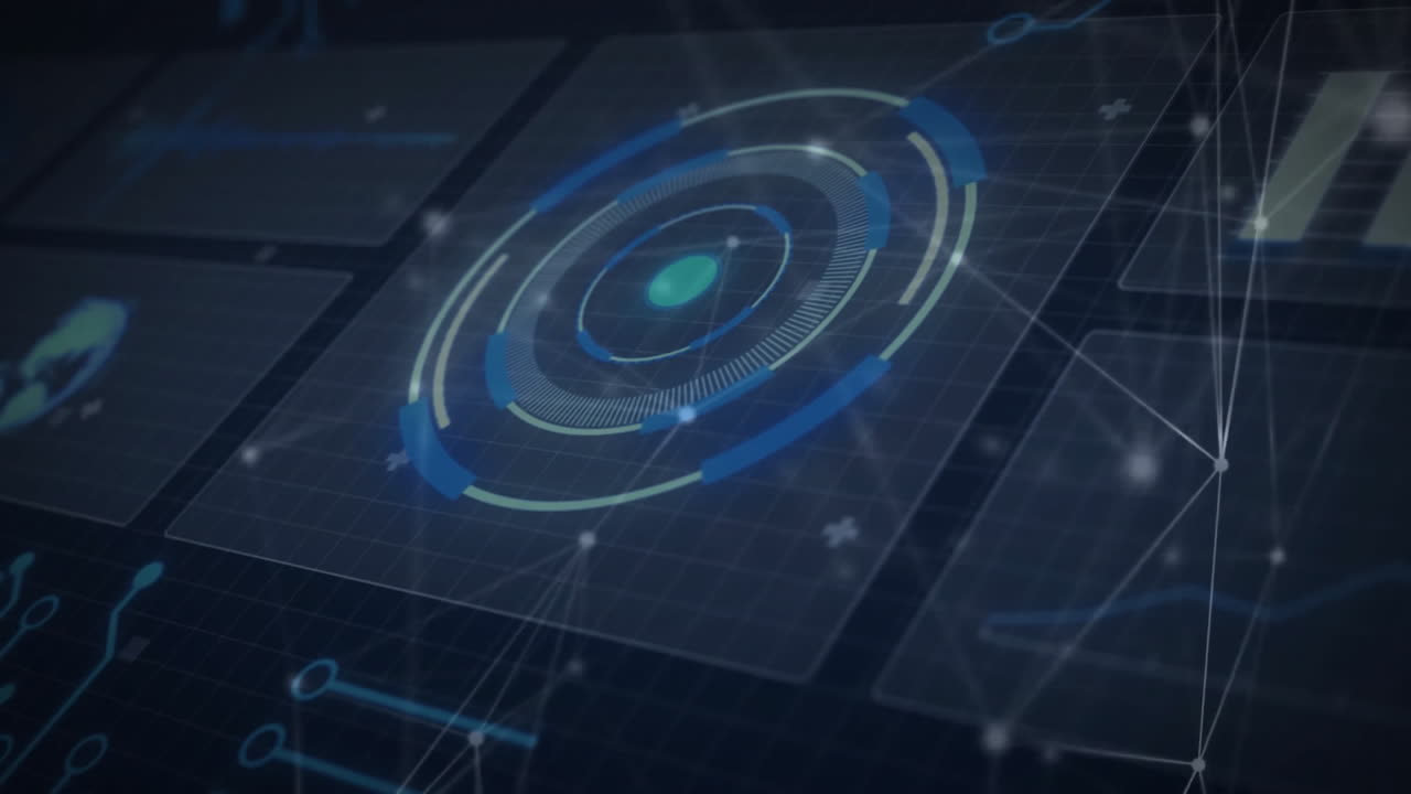 Animation of network of connections over data processing with scope scanning on black background