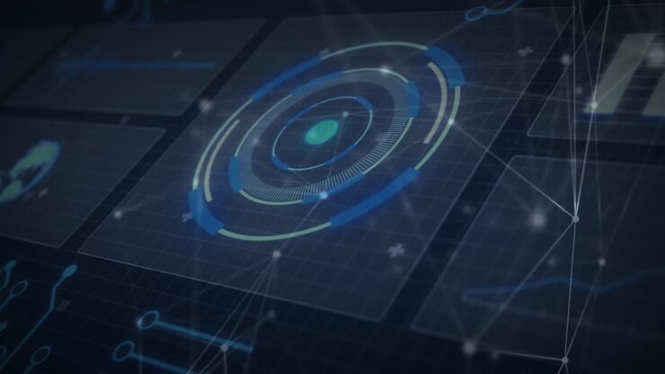 Animation of network of connections over data processing with scope scanning on black background