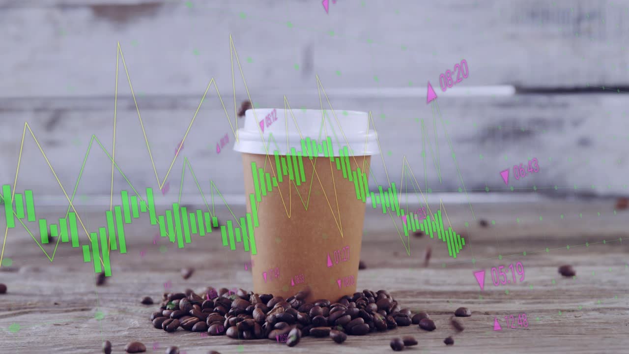 Chart animation sweeping across cup sending beans jumping up then falling to show market trends