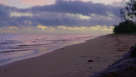 a sunset at an abandoned beach with a log in the middle