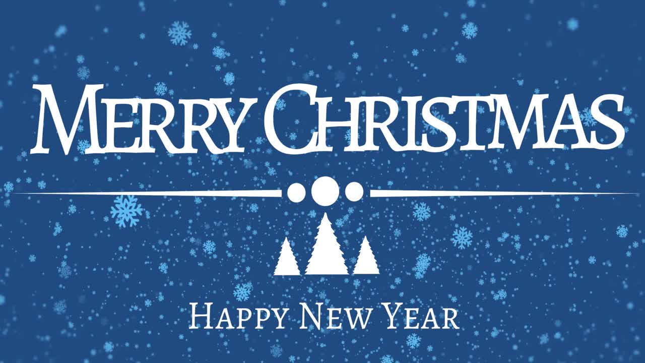 파란색 배경에 눈이 내리는 메리 크리스마스와 행복한 새해의 애니메이션