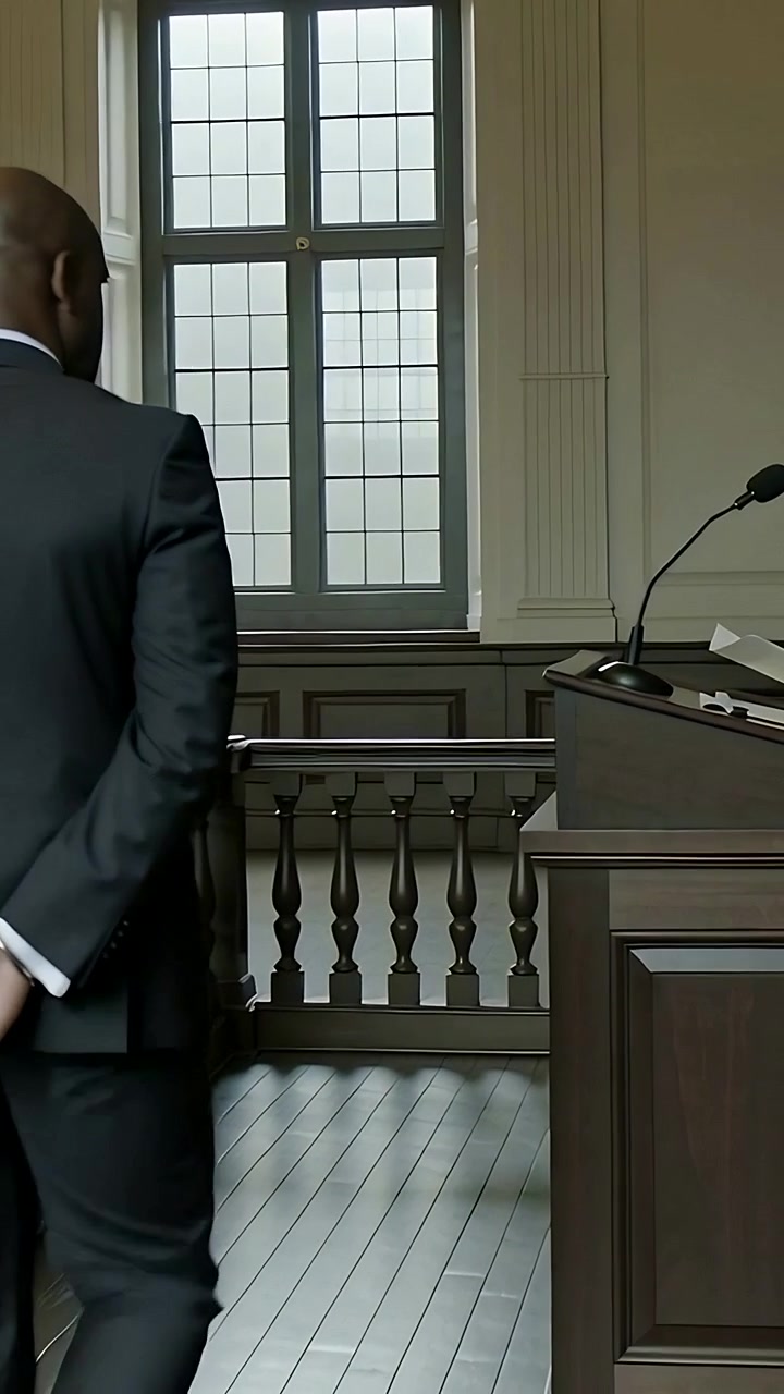 Vertical video: Walking man in dark suit hearing call, moving toward lectern at court, with papers