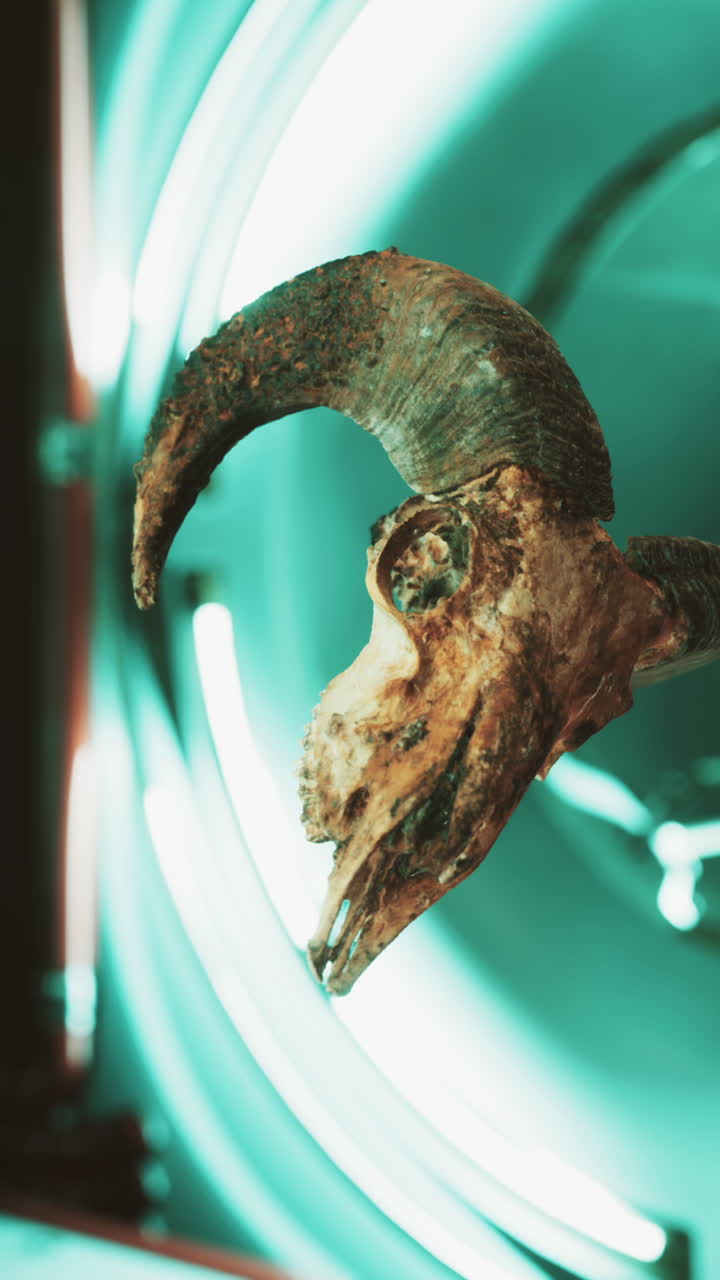 cráneo de carnero con luz de neón en el fondo