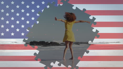 animation of american flag jigsaw puzzles revealing confetti and woman spinning on beach
