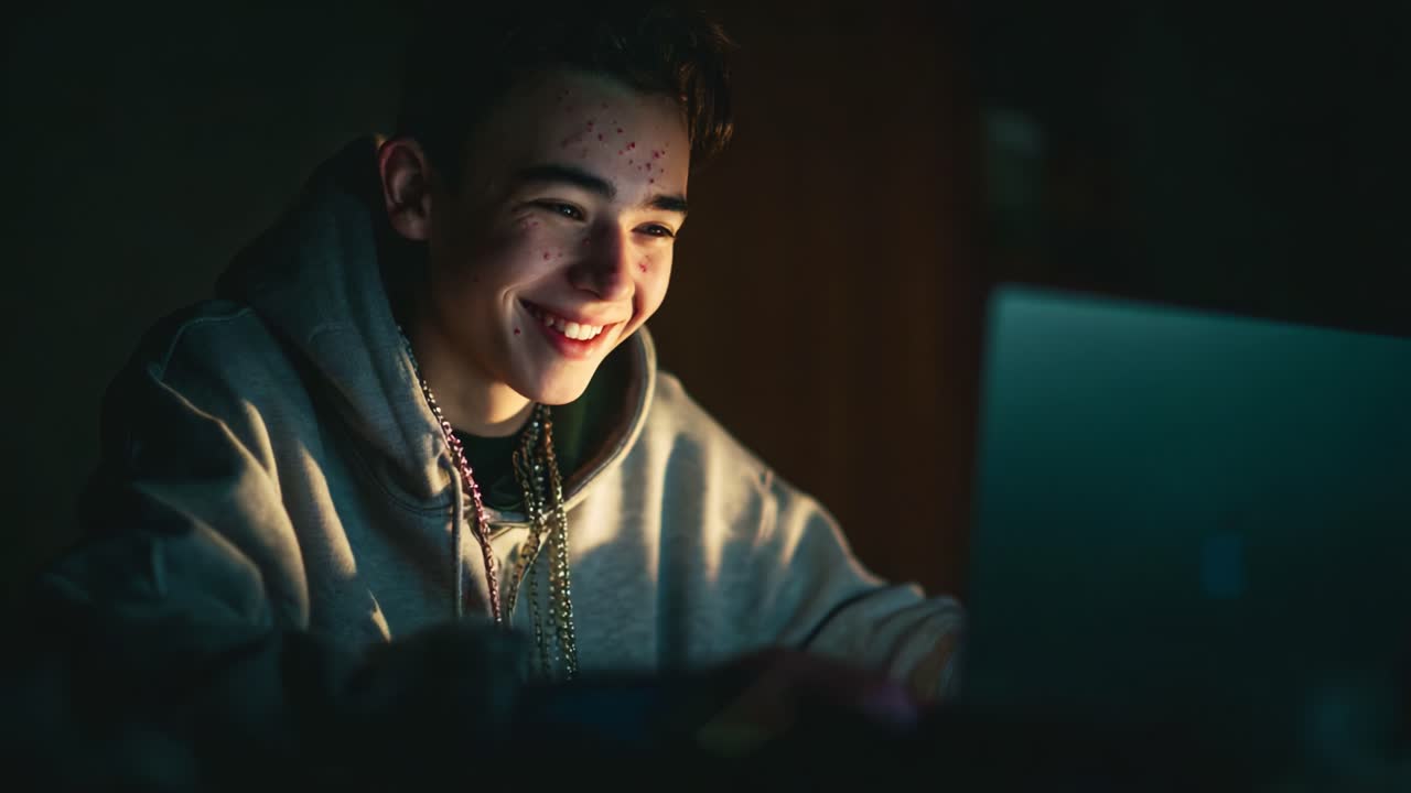 A young person absorbed in the glow of a laptop screen, showcasing emotions ranging from joy to contemplation during a late-night session of digital interaction or creative exploration