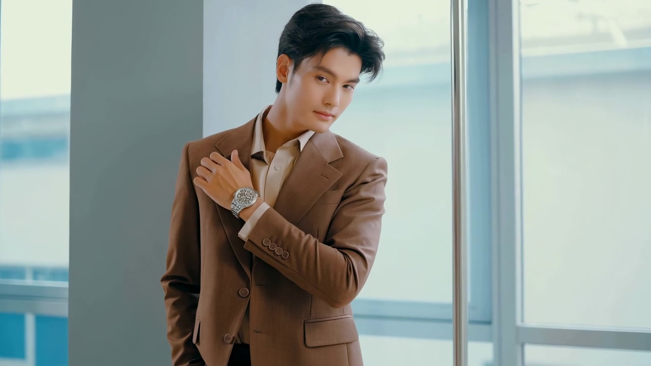 ผู้บริหารชาวเอเชียในชุดสูทสีน้ำตาลยืนอยู่ข้างหน้าต่างสำนักงานกำลังปรับนาฬิกาข้อมือ แสงธรรมชาติอ่อนโยน กระจกทันสมัย