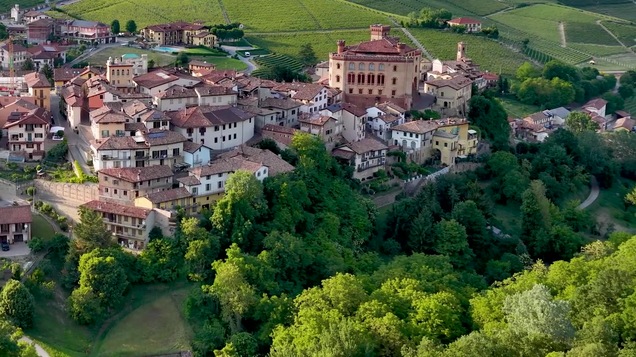 Riprese con drone catturano il borgo storico e il castello circondati da rigogliosi vigneti in Piemonte