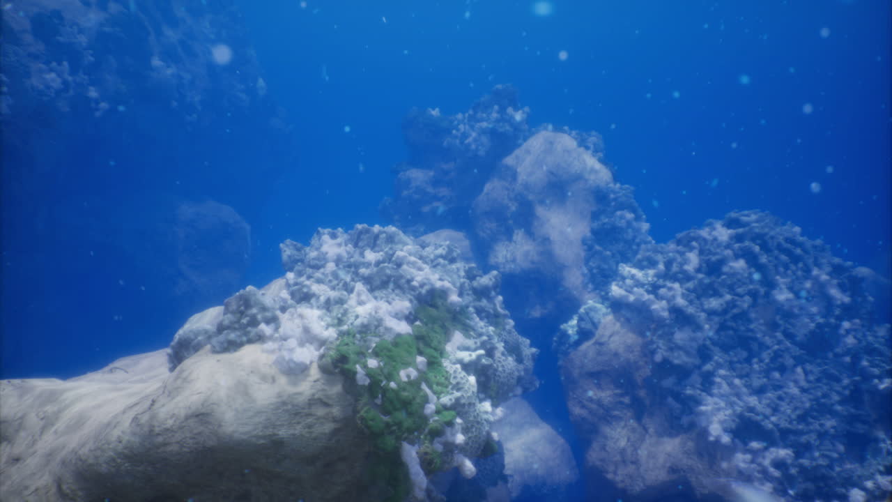 Underwater rocks and coral formations in a vibrant marine environment