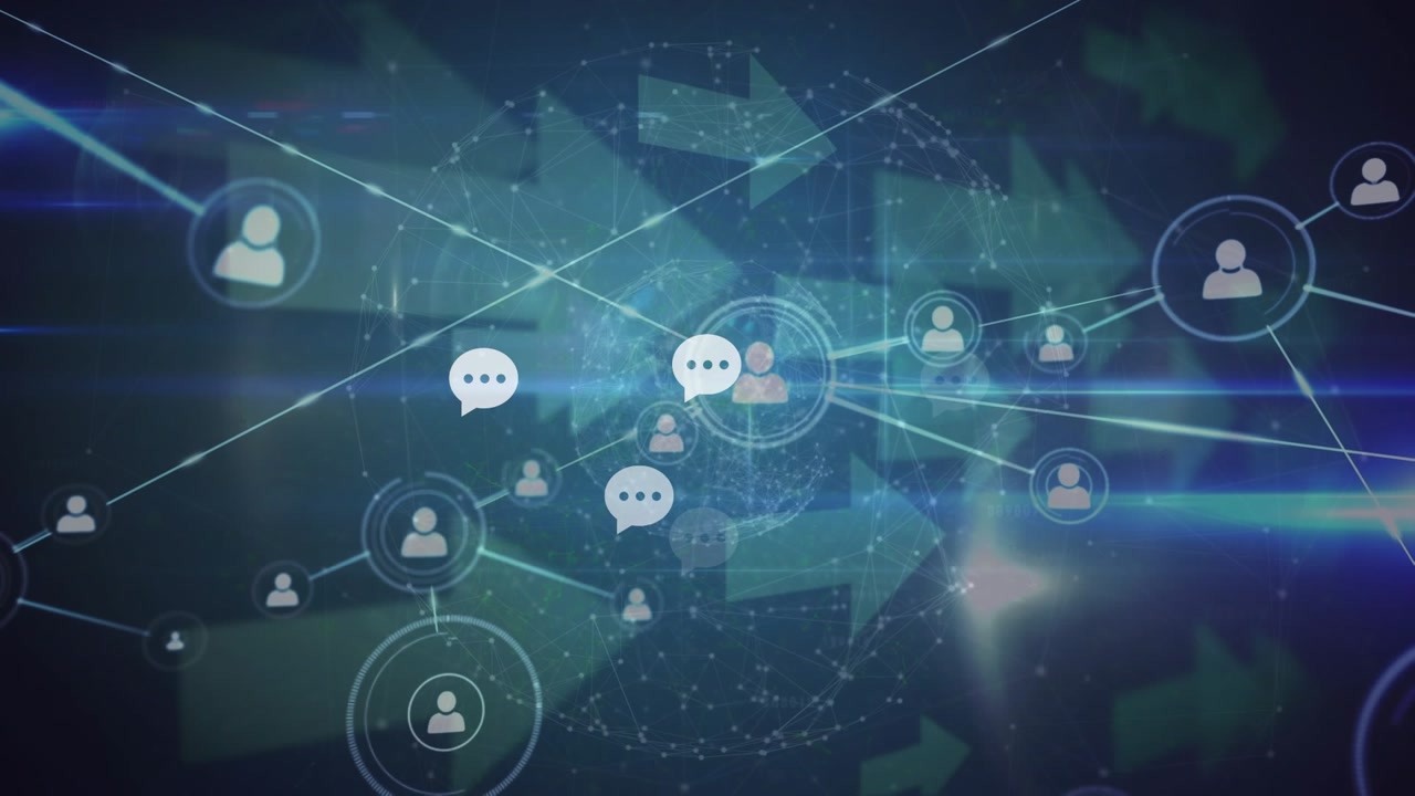Animation of network of profile icons over multiple arrow icons and blue light trails