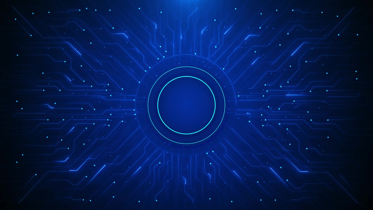 Sfondo tecnologico blu con hub a circuito, anello luminoso, percorsi elettronici, nodi, spazio digitale e AI.