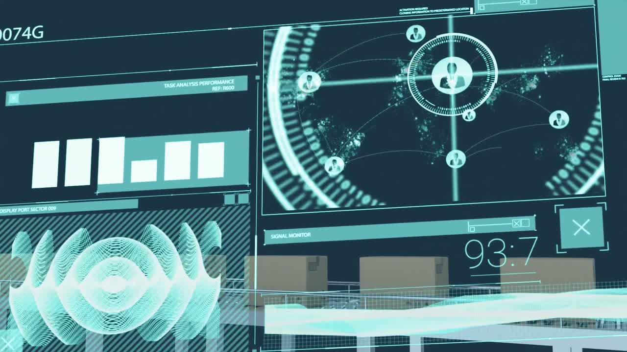 animación del procesamiento de datos financieros sobre cajas en cinta transportadora sobre fondo negro