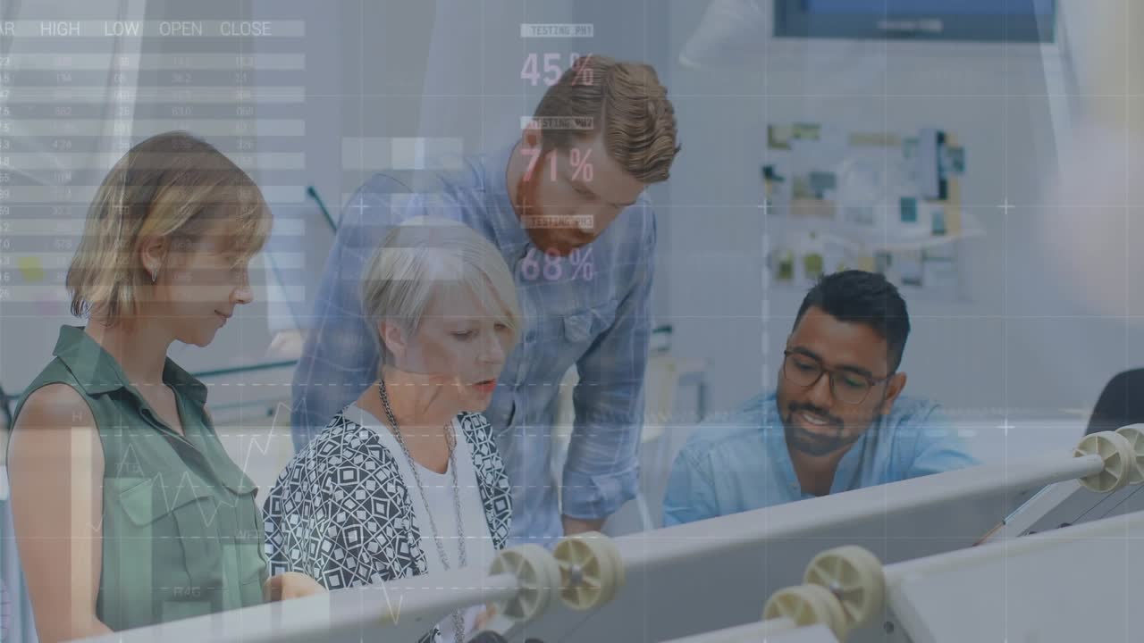 Animation of data processing over diverse business people in office