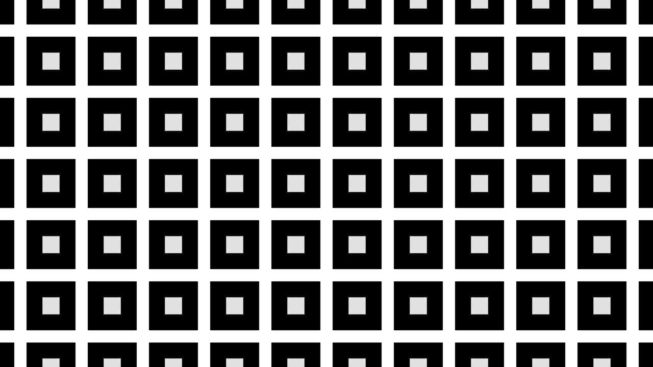 Geometric pattern with black, white and red square tiles filled with round shapes. Abstract seamless loop animated background
