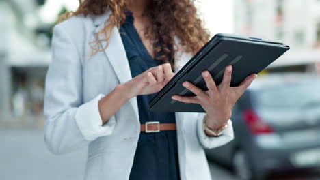 tablet, hands typing and woman in city on social