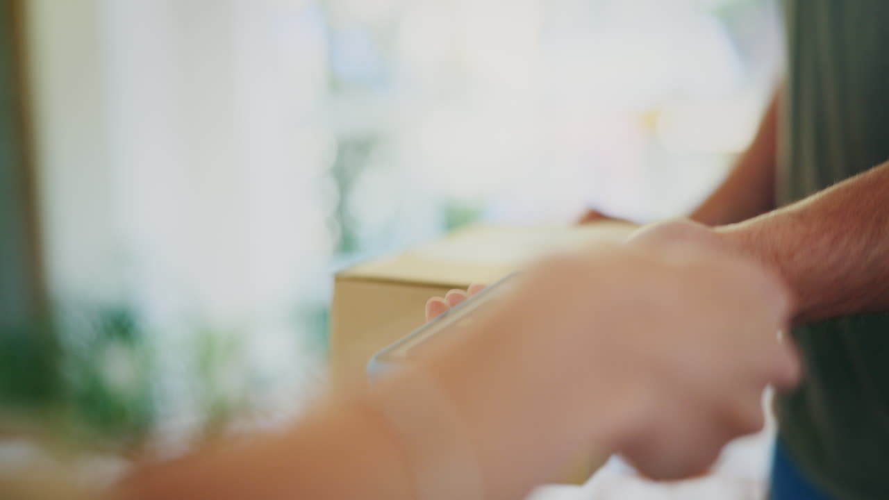 クレジットカード、ドア、または配達員の手に