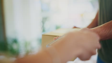 credit card, door or hands of delivery man