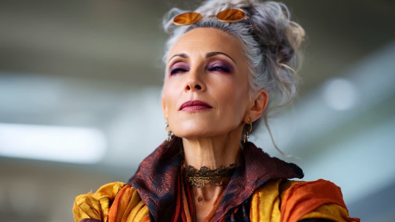 Una donna anziana sicura di sé con capelli argentati e uno stile unico, che indossa occhiali da sole alla moda e abiti vivaci, emanando saggezza e grazia in un ambiente moderno