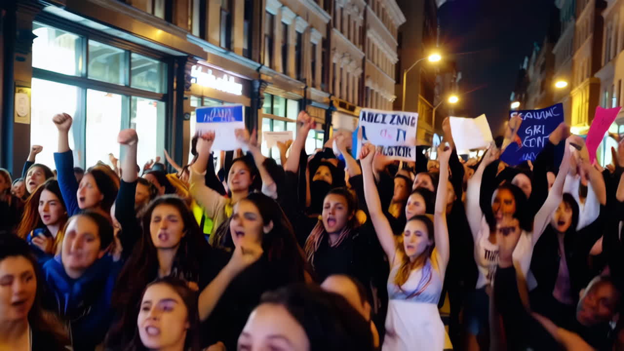 Large Group of Women Protesting at Night